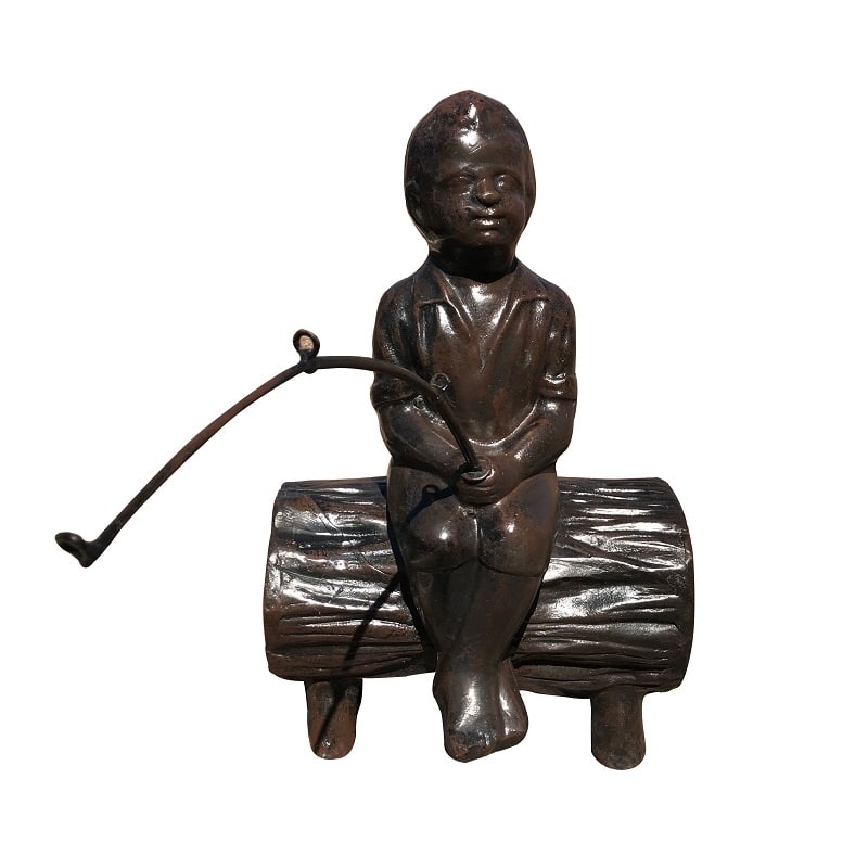 Fishing Boy on a Log Bronzed-like Colored Aluminum Outdoor Decor