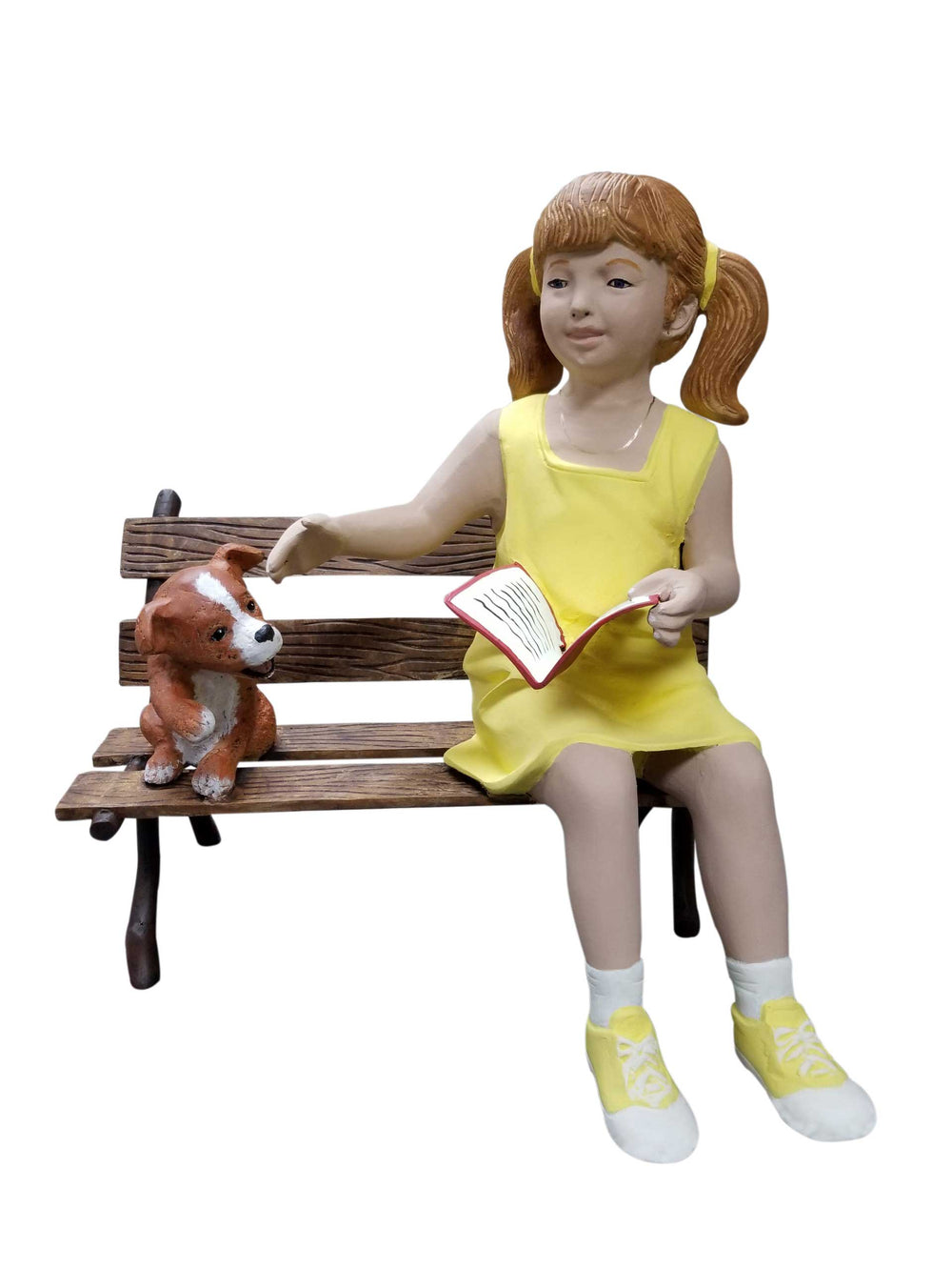 Girl in Yellow on Bench with Small Dog Aluminum Garden Decor