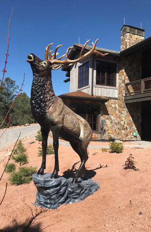 Elk on the Rock in Natural Color Aluminum Statue for Outdoor Decor