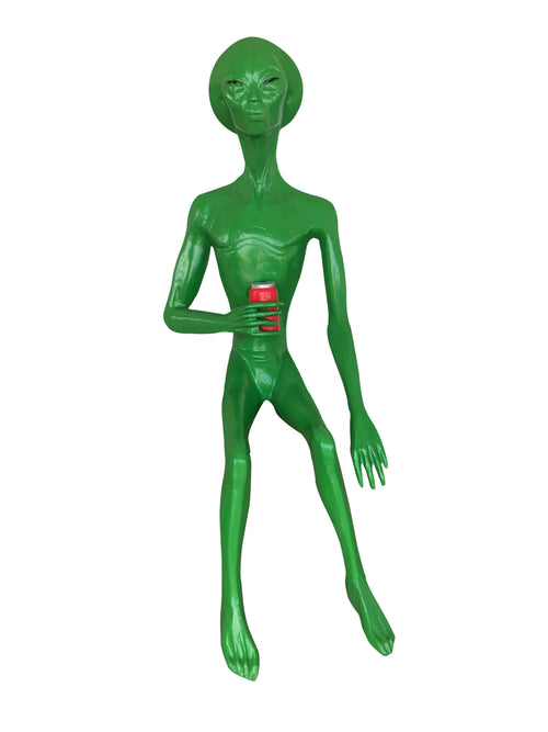 Green Alien Sitting Holding a Can Aluminum Indoor/Outdoor Décor