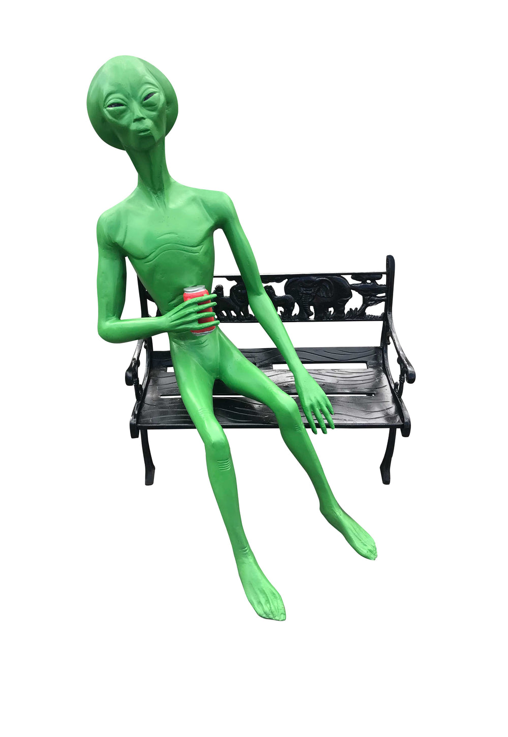 Green Alien Sitting on Bench Aluminum Indoor/Outdoor Statues