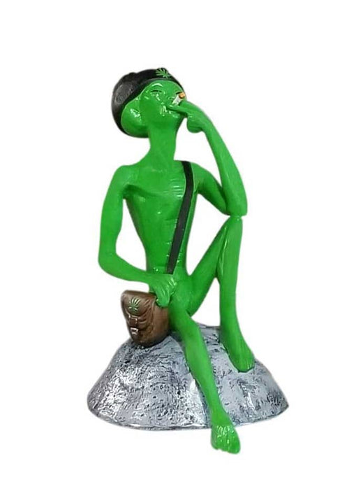Green Alien Sitting with Brown Bag Aluminum Indoor/Outdoor Décor
