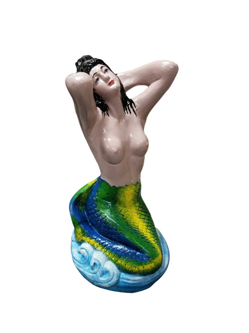 Bathing Mermaid on Round Base (Blue/Green) Aluminum Garden Statues