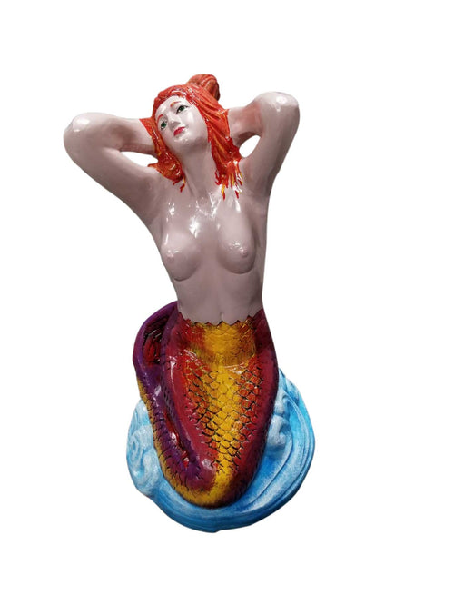 Bathing Mermaid on Round Base (Orange/Yellow) Aluminum Garden Statues
