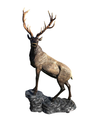 Elk on the Rock Head Turning Left in Natural Color Aluminum Outdoor Decor