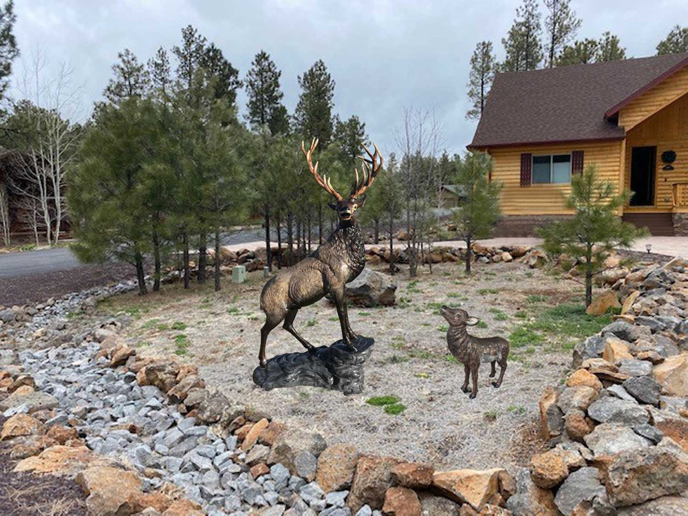Bull Elk Head Turning Right and Baby Elk in Natural Color Aluminum Outdoor Statues