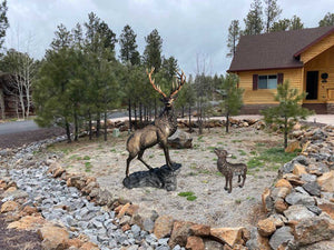 Bull Elk Head Turning Right and Baby Elk in Natural Color Aluminum Outdoor Statues