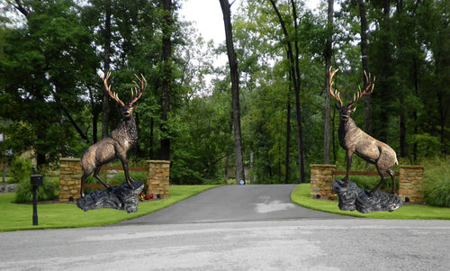 Pair of Elk on the Rock (Right and Left) in Natural Color Aluminum Outdoor Statues