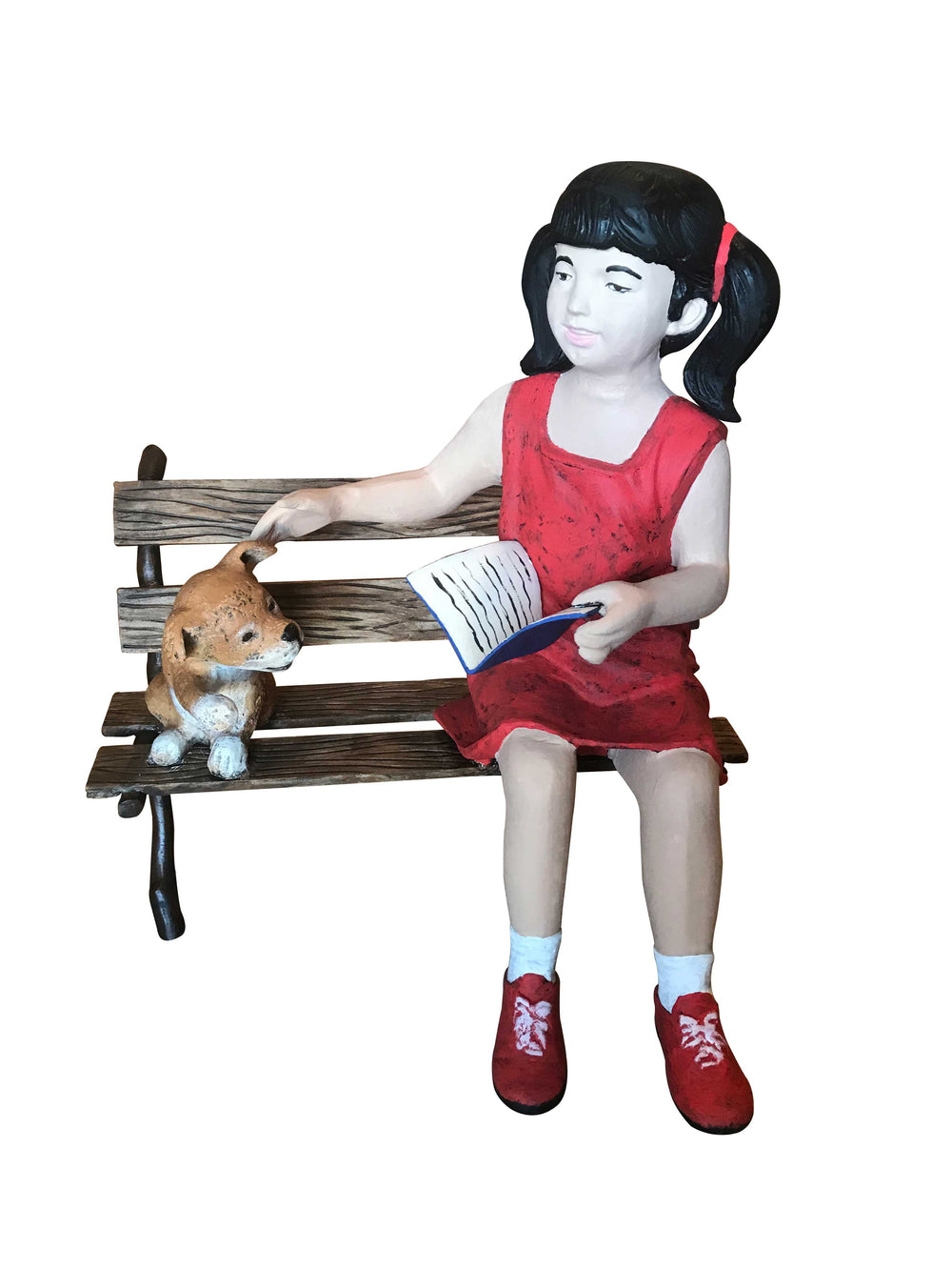 Girl in Red on Bench with Small Dog Aluminum Garden Decor