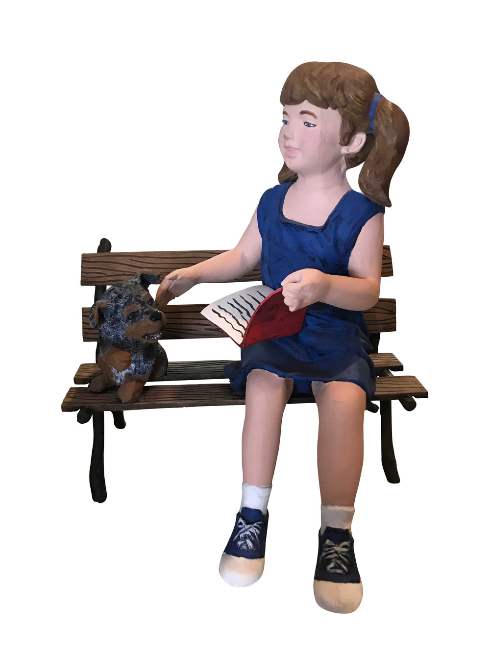 Girl in Blue on Bench with Small Dog Aluminum Garden Decor