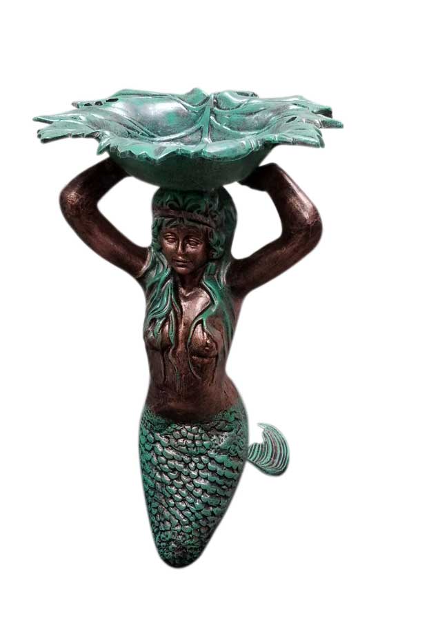 Kneeling Mermaid Holding Leaf Bowl (Verdi) Aluminum Garden Statues