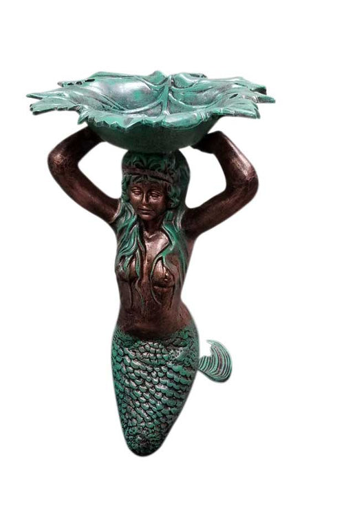 Kneeling Mermaid Holding Leaf Bowl (Verdi) Aluminum Garden Statues
