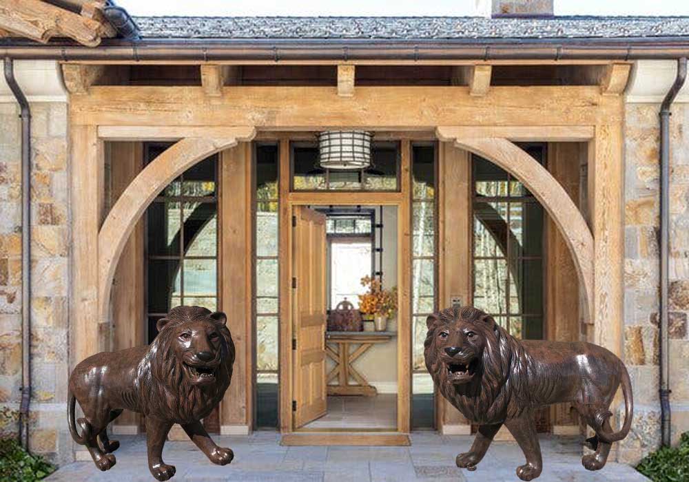 Pair of Large Walking Lion Aluminum Outdoor Statues