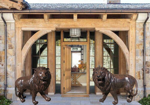 Pair of Large Walking Lion Aluminum Outdoor Statues