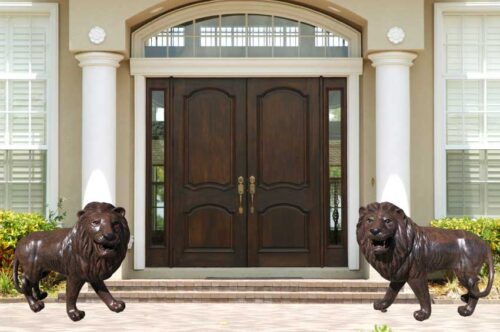 Pair of Large Walking Lion Aluminum Outdoor Statues