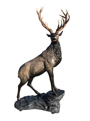 Bull Elk Head Turning Right and Baby Elk in Natural Color Aluminum Outdoor Statues