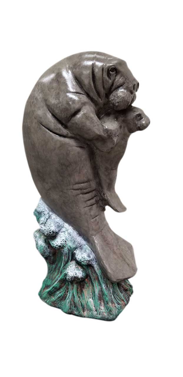 Manatee Holding Her Baby on Wave Aluminum Outdoor Statues