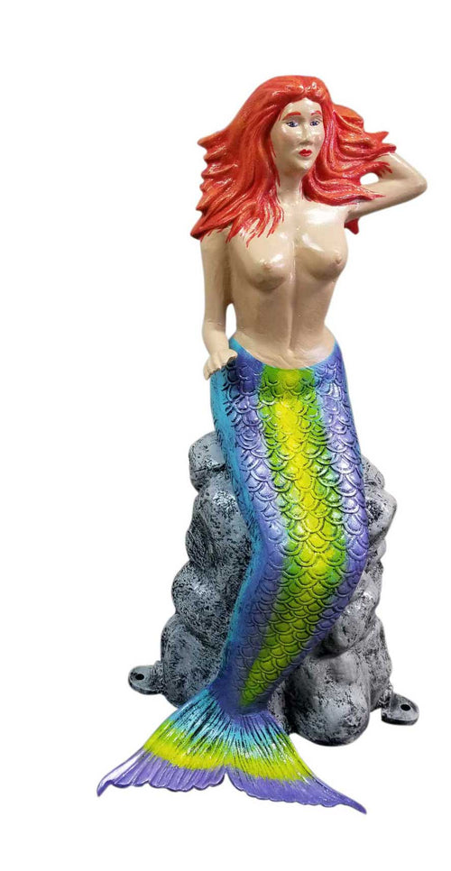 Custom Painted Mermaid Sitting on Stone Aluminum Outdoor Statues