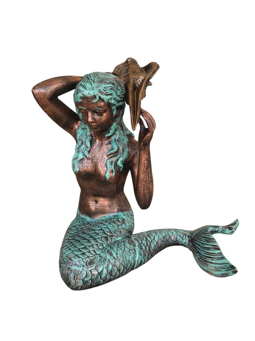 Sitting Mermaid With Shell on Shoulder (Verdi) Aluminum Garden Statues